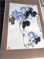 Chinese scroll with brilliant blue flowers -artist