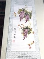 Chinese scroll with birds painted on cloth with
