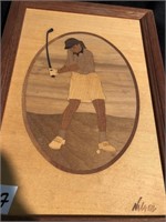 Inlaid wood lady golfer picture