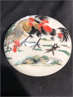 Porcelain dish with hand painted roosters