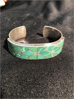 Stone inlaid silver cuff bracelet