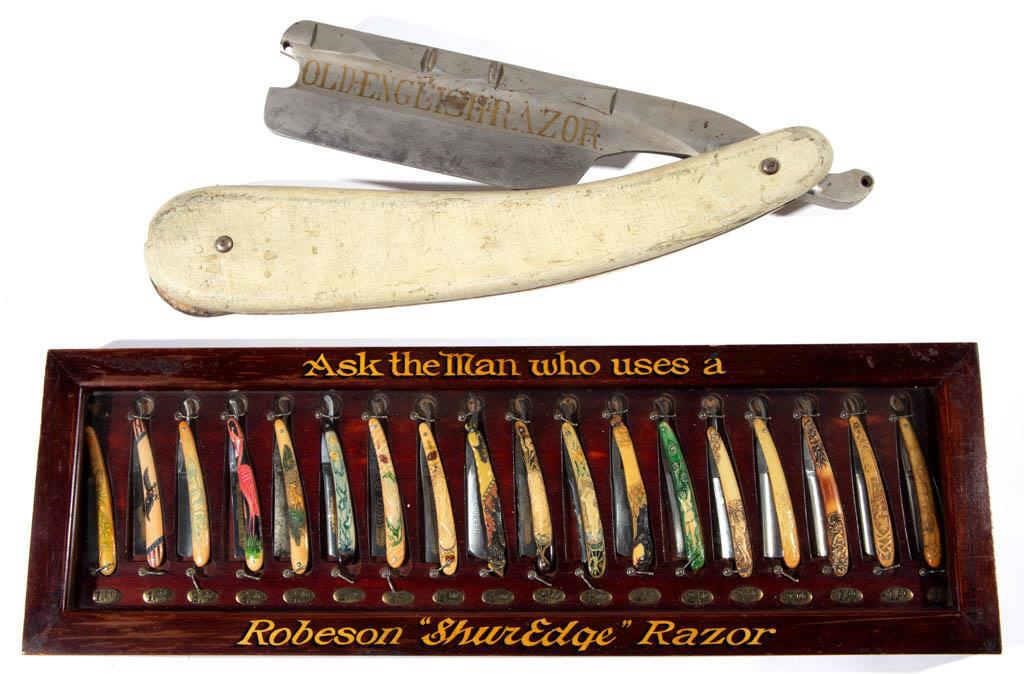 Exceptional razors, trade sign, and showcase from the Wentz Collection