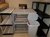 Storage Shelves and Garbage Can