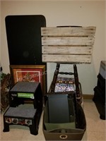 Step Stool, Folding Table, Fabric Bins, Wood Crate