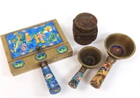 Asian Motif Enamel Containers & Spoons