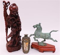Wooden Sculpture, Horse, & Vase