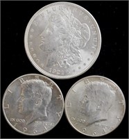 1921 Morgan & 2 x1964 Kennedy Half Dollars