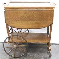 Vintage Drop-Leaf Oak Tea Cart w/ Glass Tray