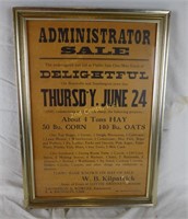 1926 Administrator Sale Sign Auction Corn Hay Oats