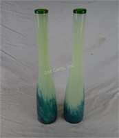 Pair Of Art Glass Vases Bottles Blue & White