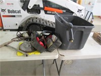 Tote of saw blades & other items