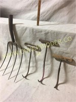 3 antique hay hooks & pitchfork-no handle