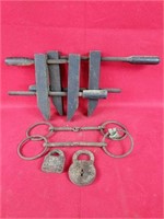 Vintage Wooden Clamps and Cast Iron Pieces