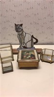 Glass trinket boxes and stained glass cat