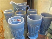 7 PC WEISHER BLUE MILK GLASS