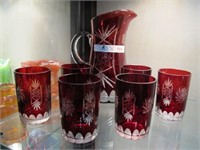 7 PC RUBY CUT TO CLEAR DRINK SET