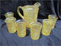 7 PC DRINK SET SIGNED YELLOW FLORAL