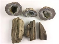 (3) Petrified Wood And (3) Geode Specimens