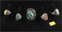 (5) Native American Sterling Rings Featuring