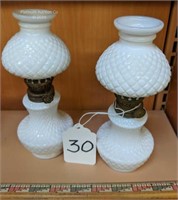 Set of 2 Milk Glass Ceramic Table Top Oil Lamps
