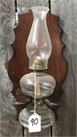 Vintage Glass Oil Lantern on Wooden Shelf Holder