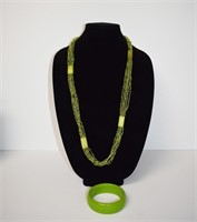 36" 7 Strand Green Necklace and Bangle Bracelet