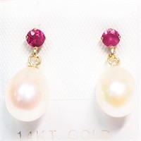 $250 14K FW Pearl Ruby 3Mm 0.27Ct Earrings