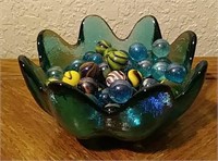 Blue Glass Candy Dish Full of Marbles