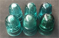 6 Beehive Green & Teal Electrical Insulators