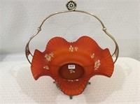 Red Satin Glass Floral Decorated Ruffled Edge