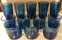 12 Blue Glass Cups - 5 Large & 7 Small