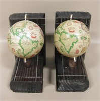 1970's Globe On Wood Base Book Ends - 6.5" Tall
