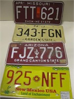 4 Vintage License Plates - NJ, NM, AZ & MO