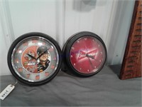 Two small round clocks:  NASCAR, Budweiser