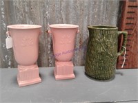 Pink pottety vases, pair; green pitcher