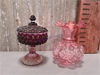 Purple Opalescent covered dish, pink vase