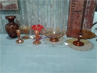 Amber glassware, red stemmed dish