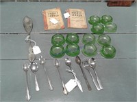 Green glass furniture Caster Cups, asst spoons