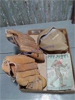 Boy Scout Handbook-1963, BS canteen, 2 ball gloves