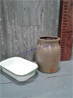 Salt-glazed crock(chip), green trim enamel pan