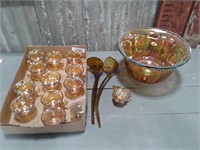 Iridescent Gold Amber punch bowl w/cups and ladles