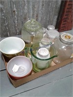 Green glass, canisters, S & P, bowls