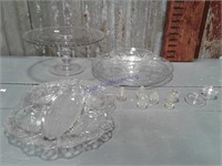 Raised cake plates, pair; glass coffee pot knobs