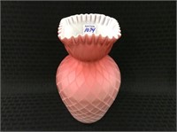 Pink & White Cased Glass Ruffled Edge Vase