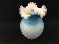 Blue & White Cased Glass Ruffled Edge Vase-
