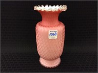 Pink & White Cased Glass Ruffled Edge Vase