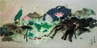 Huang Yongyu b.1924 Chinese Oil on Canvas Lotus