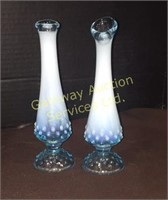 Fenton Blue Opalescent Glass Hobnail Bud Vases