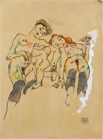 Gouache and Watercolor Paper Signed Egon Schiele