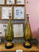 Pair of green/gold glass lamps, 44"